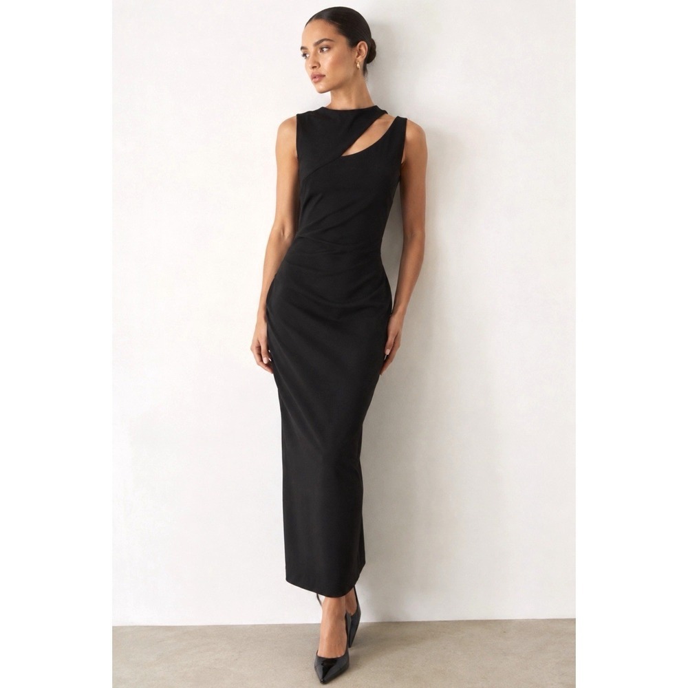 NEW! Marcella NYC Asymmetric Cut Out Sheath Midi Dress Black SZ S